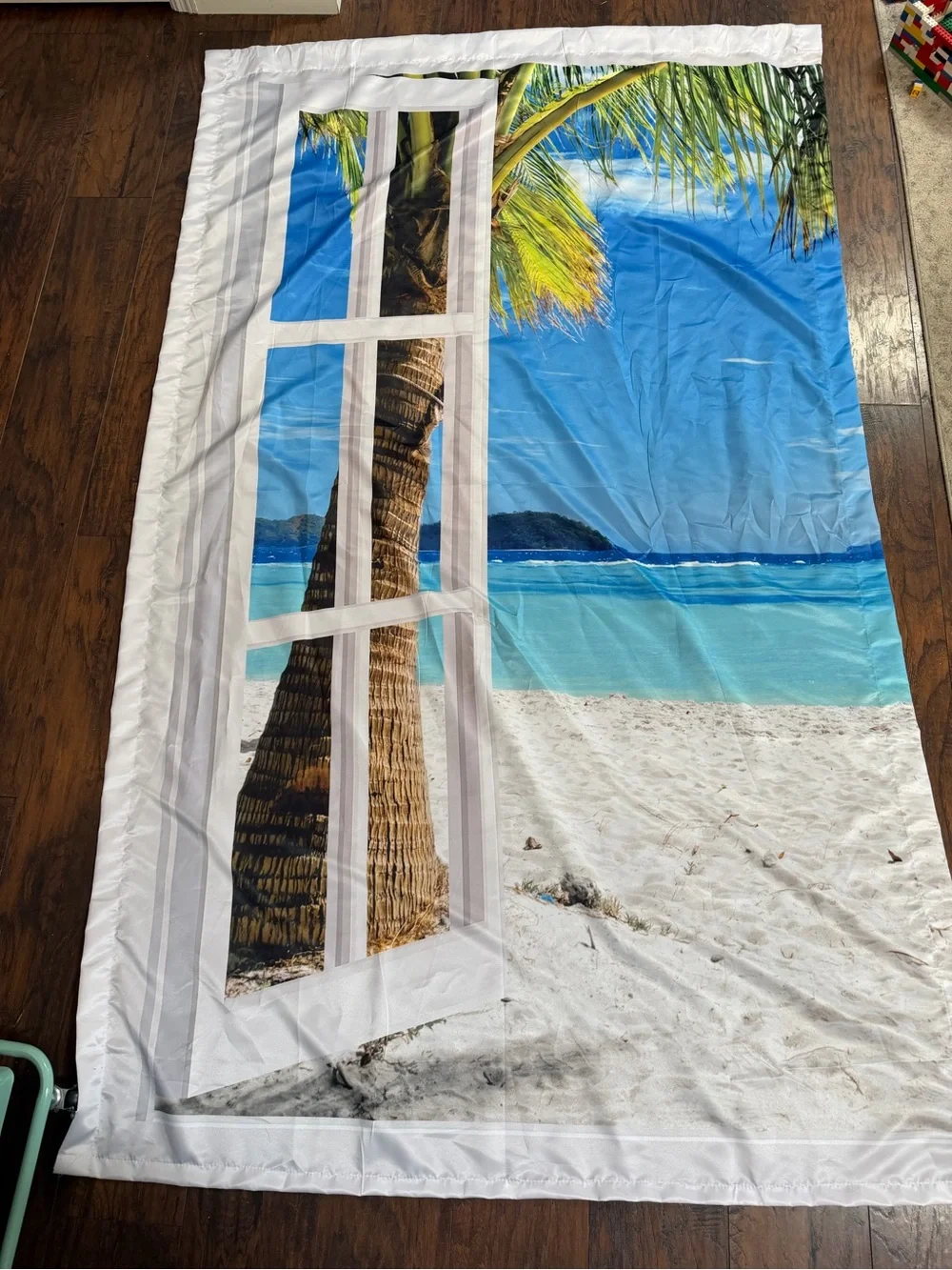 Turquoise Beach Window Curtain Panel Set - Tropical Palm Print